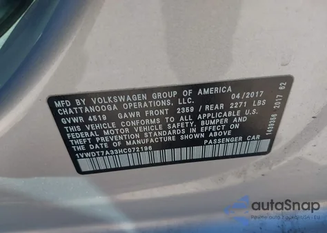 2017 Volkswagen Passat 1.8T R-Line из США, поврежденный, VIN 1VWDT7A33HC072196